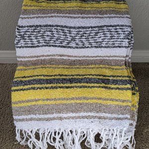 Mexican Falsa Blanket Gray Yellow Tan Yoga Blanket Handmade Neutral Boho Decor